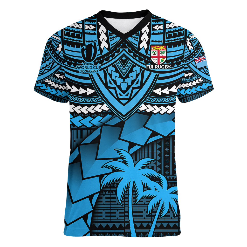 Fiji Rugby Women V Neck T Shirt Go Fijian Tapa Arty with World Cup Vibe LT9 Female Blue - Polynesian Pride