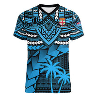 Custom Fiji Rugby Women V Neck T Shirt Go Fijian Tapa Arty with World Cup Vibe LT9 Female Blue - Polynesian Pride