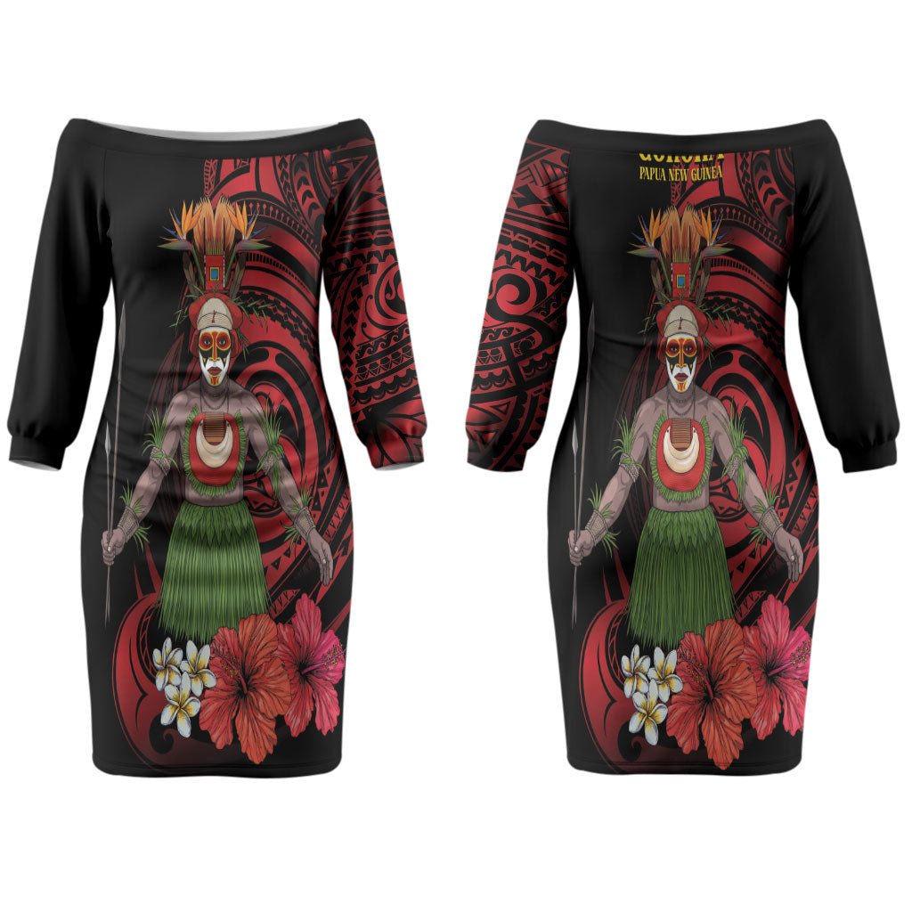 Huli Wigmen Tribe Hela Province Couples Matching Off The Shoulder Long Sleeve Dress and Hawaiian Shirt Papua New Guinea Indigenous Pattern LT9 - Polynesian Pride