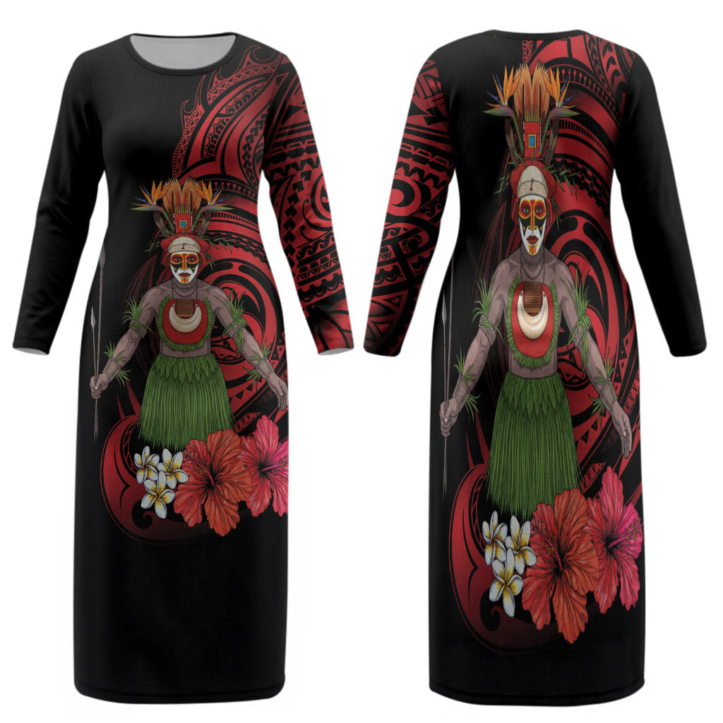 Huli Wigmen Tribe Hela Province Family Matching Long Sleeve Bodycon Dress and Hawaiian Shirt Papua New Guinea Indigenous Pattern LT9 Mom's Dress Black - Polynesian Pride
