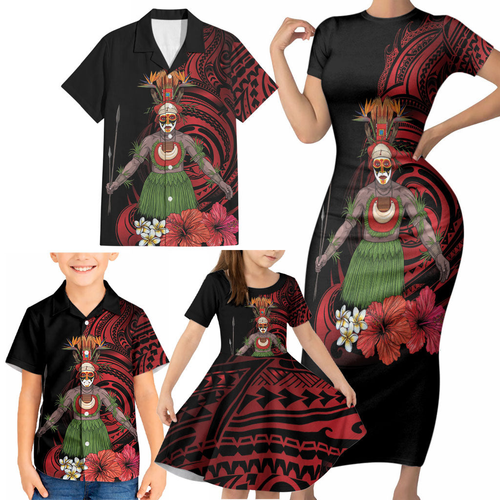 Huli Wigmen Tribe Hela Province Family Matching Short Sleeve Bodycon Dress and Hawaiian Shirt Papua New Guinea Indigenous Pattern LT9 - Polynesian Pride