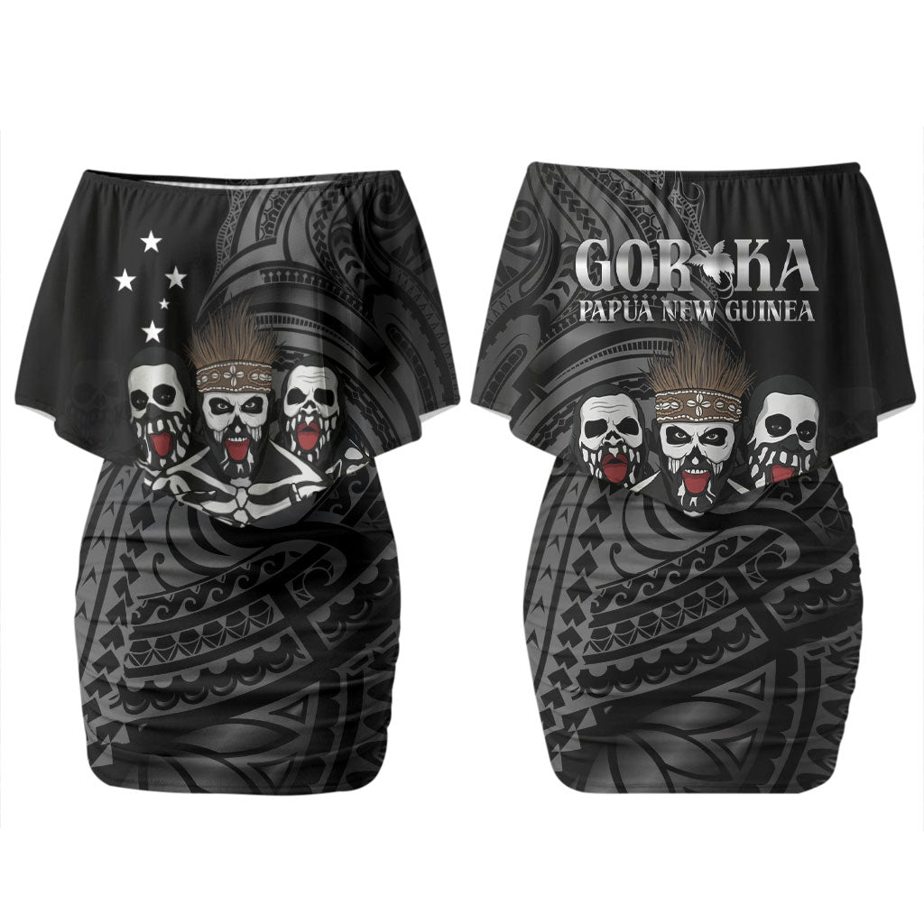 Skeleton Tribe Simbu Province Family Matching Off Shoulder Short Dress and Hawaiian Shirt Papua New Guinea Indigenous Pattern LT9 Mom's Dress Black - Polynesian Pride