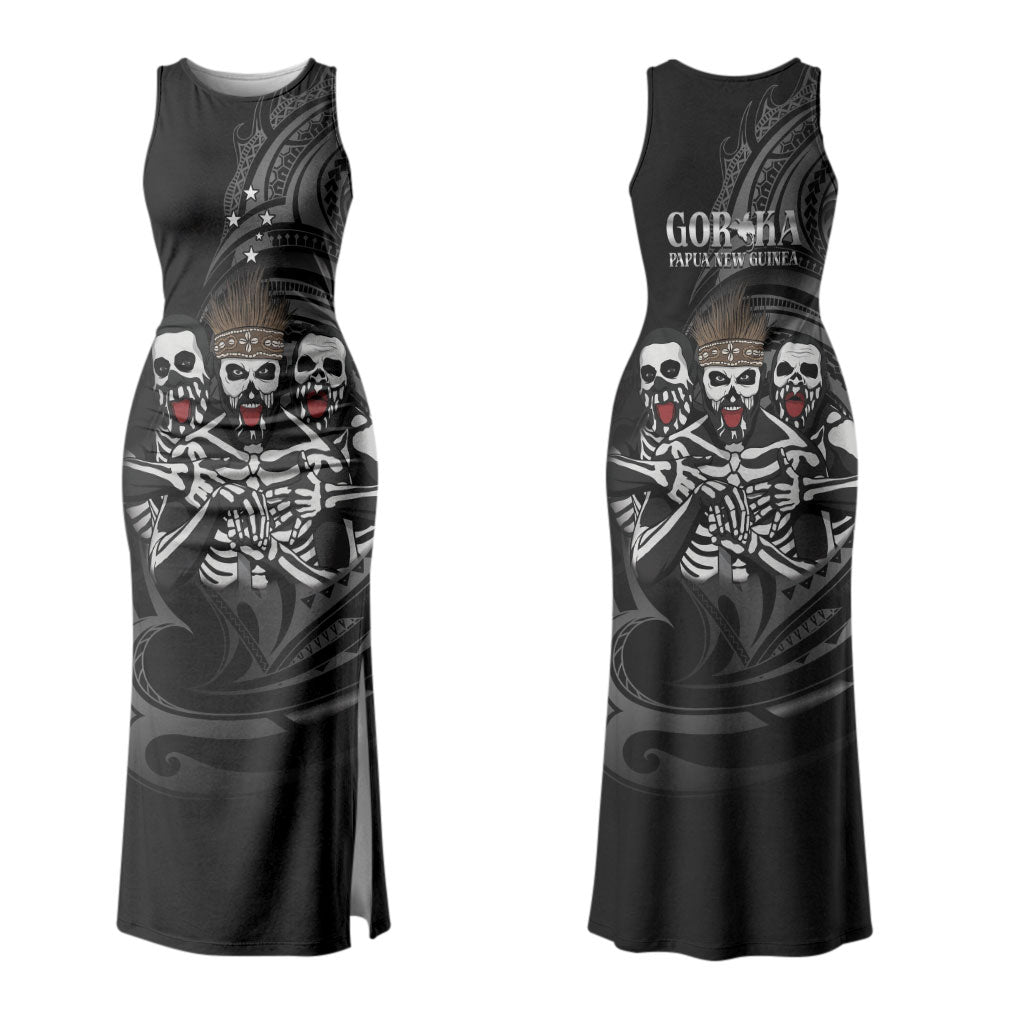 Skeleton Tribe Simbu Province Family Matching Tank Maxi Dress and Hawaiian Shirt Papua New Guinea Indigenous Pattern LT9 Mom's Dress Black - Polynesian Pride