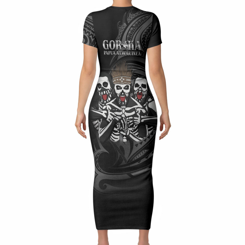 Skeleton Tribe Simbu Province Short Sleeve Bodycon Dress Papua New Guinea Indigenous Pattern LT9 - Polynesian Pride