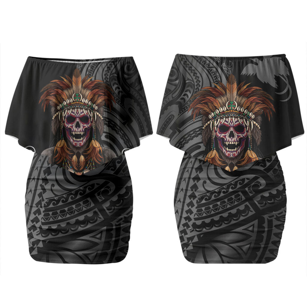 Mokomoko Tribe Eastern Highlands Province Couples Matching Off Shoulder Short Dress and Hawaiian Shirt Papua New Guinea Indigenous Pattern LT9 - Polynesian Pride