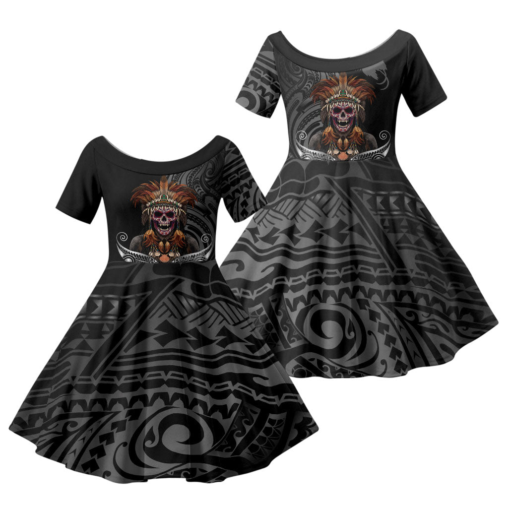 Mokomoko Tribe Eastern Highlands Province Family Matching Off Shoulder Maxi Dress and Hawaiian Shirt Papua New Guinea Indigenous Pattern LT9 Daughter's Dress Black - Polynesian Pride