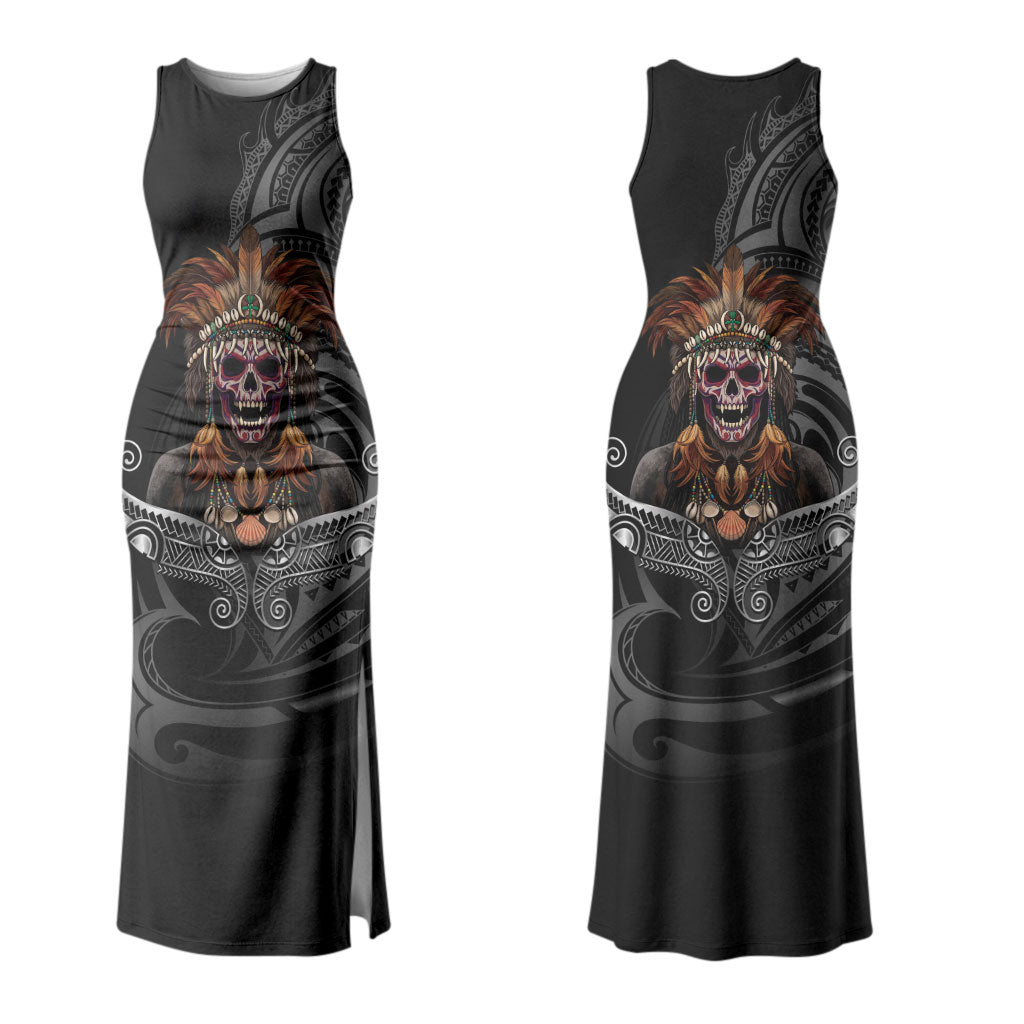 Mokomoko Tribe Eastern Highlands Province Family Matching Tank Maxi Dress and Hawaiian Shirt Papua New Guinea Indigenous Pattern LT9 Mom's Dress Black - Polynesian Pride