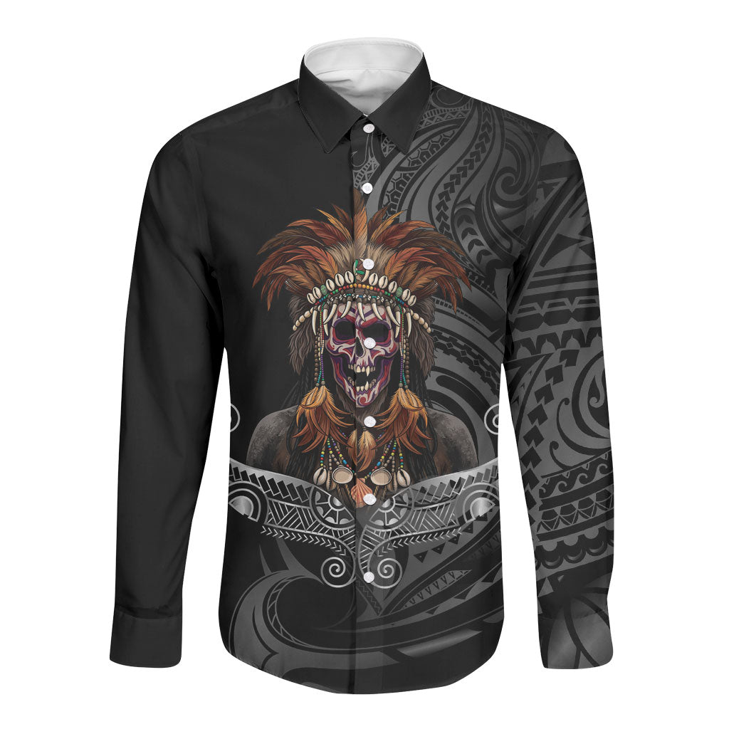 Mokomoko Tribe Eastern Highlands Province Long Sleeve Button Shirt Papua New Guinea Indigenous Pattern LT9 Unisex Black - Polynesian Pride