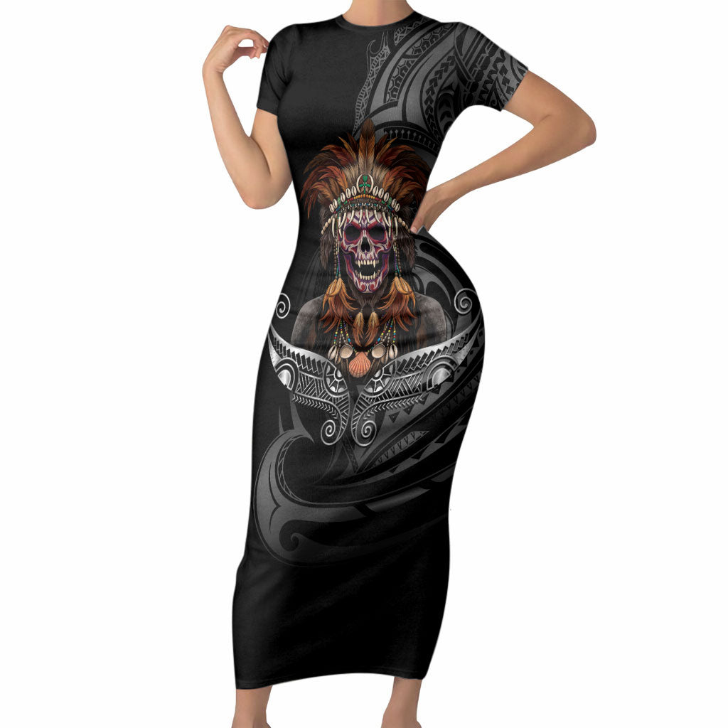 Mokomoko Tribe Eastern Highlands Province Short Sleeve Bodycon Dress Papua New Guinea Indigenous Pattern LT9 Long Dress Black - Polynesian Pride