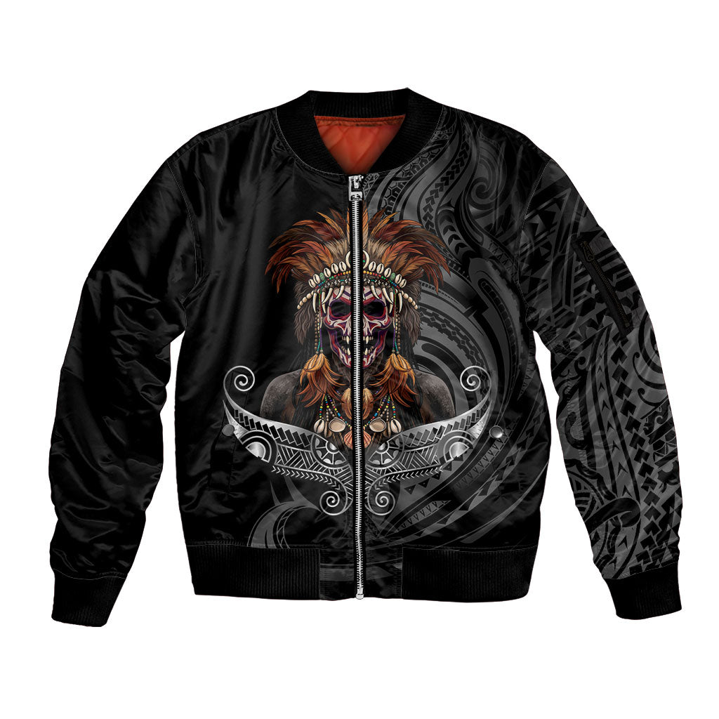 Mokomoko Tribe Eastern Highlands Province Sleeve Zip Bomber Jacket Papua New Guinea Indigenous Pattern LT9 Unisex Black - Polynesian Pride