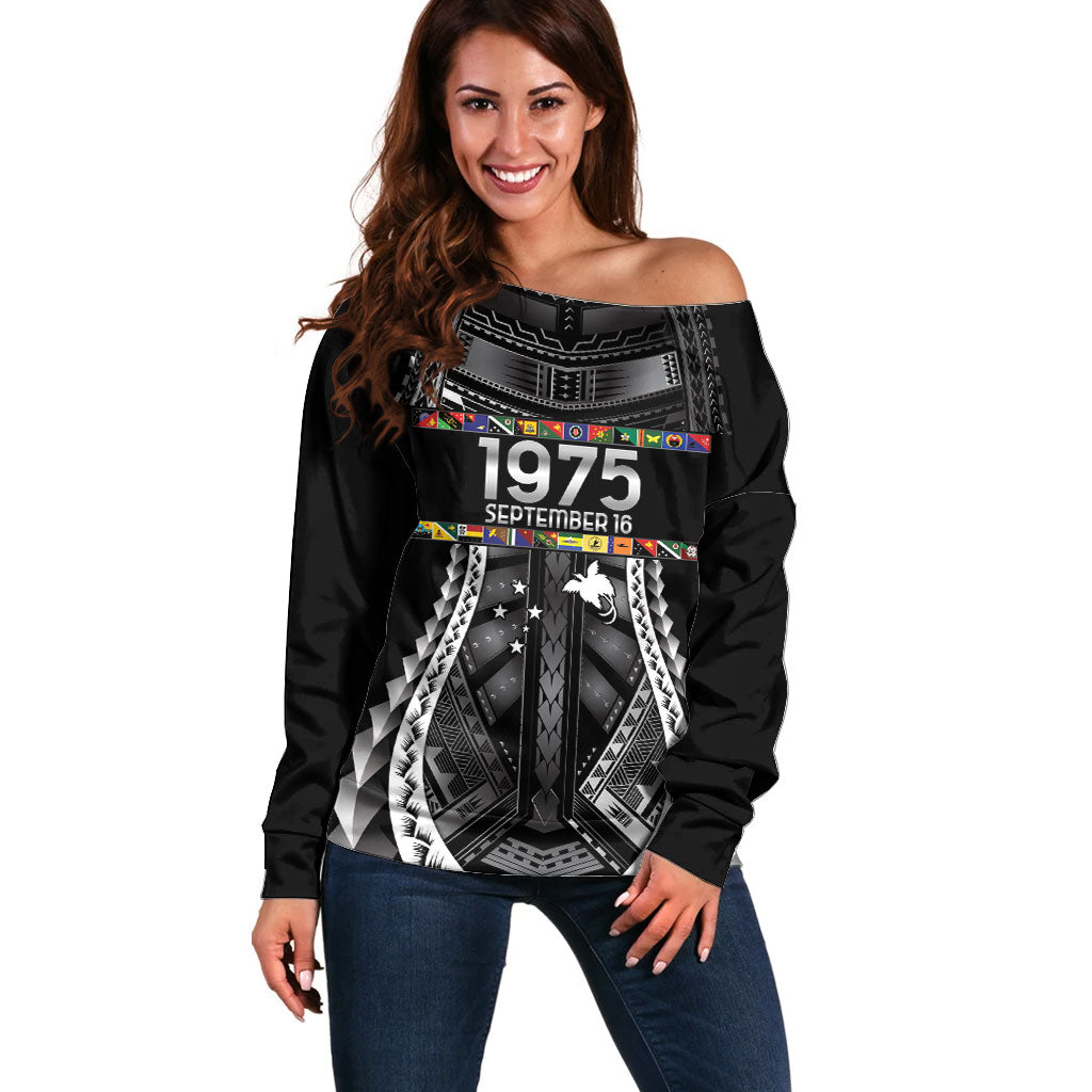 Independen Stet bilong Papua Niugini 1975 Off Shoulder Sweater Black Tribal Papua New Guinea Province Flag LT9 Women Black - Polynesian Pride