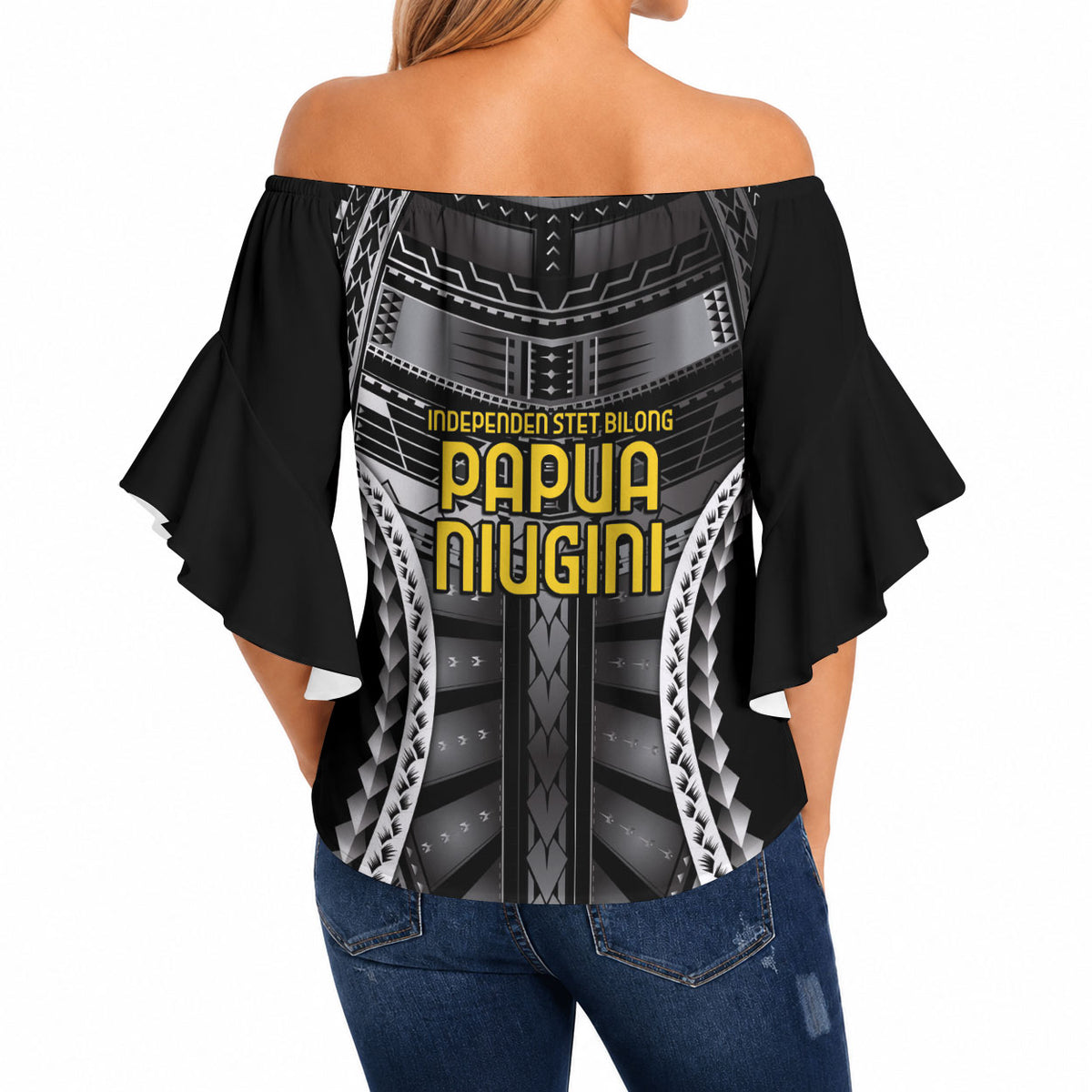 Independen Stet bilong Papua Niugini 1975 Off Shoulder Wrap Waist Top Black Tribal Papua New Guinea Province Flag LT9 - Polynesian Pride