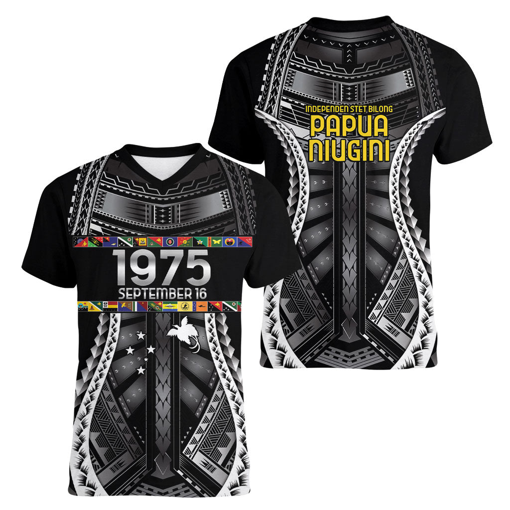Independen Stet bilong Papua Niugini 1975 Women V-Neck T-Shirt Black Tribal Papua New Guinea Province Flag LT9 - Polynesian Pride