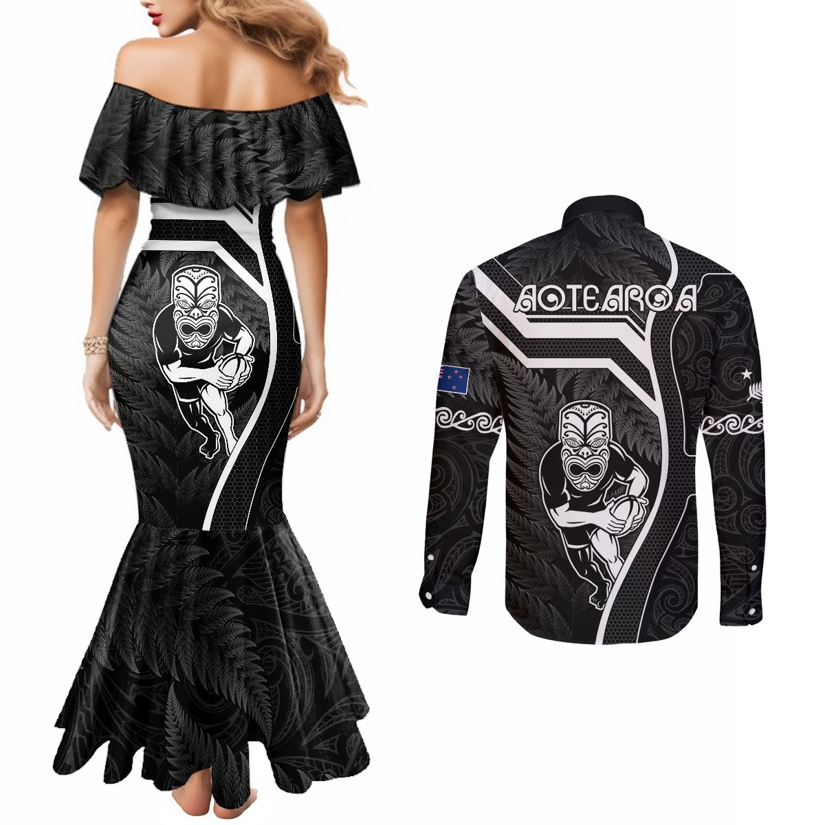 New Zealand Aotearoa Rugby Couples Matching Mermaid Dress and Long Sleeve Button Shirts Black Fern Maori Tribal Sporty Style LT9 - Polynesian Pride