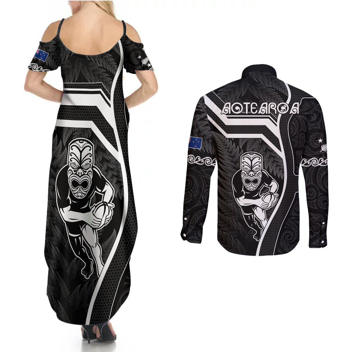 New Zealand Aotearoa Rugby Couples Matching Summer Maxi Dress and Long Sleeve Button Shirts Black Fern Maori Tribal Sporty Style LT9 - Polynesian Pride