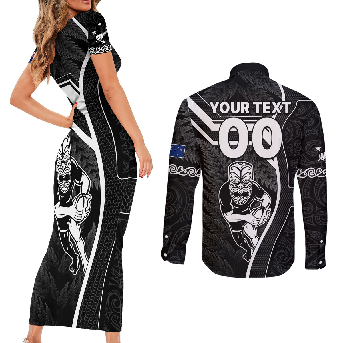 Custom New Zealand Aotearoa Rugby Couples Matching Short Sleeve Bodycon Dress and Long Sleeve Button Shirts Black Fern Maori Tribal Sporty Style LT9 - Polynesian Pride