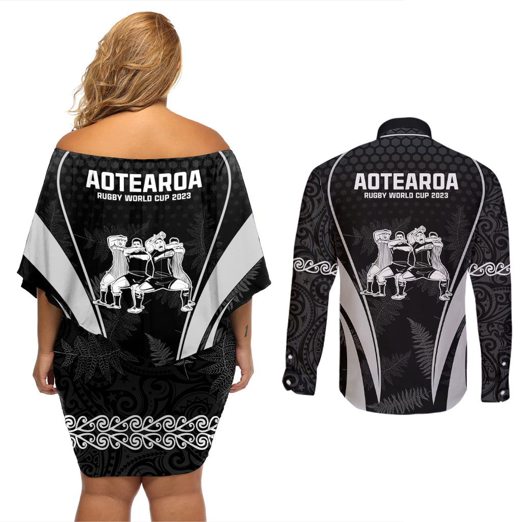 New Zealand Aotearoa Rugby Couples Matching Off Shoulder Short Dress and Long Sleeve Button Shirt Haka Dance Mixed Silver Fern Sporty Style LT9 - Polynesian Pride