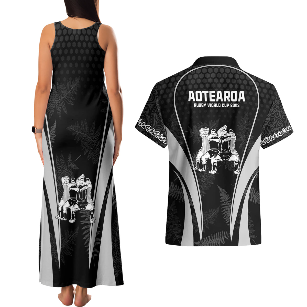 New Zealand Aotearoa Rugby Couples Matching Tank Maxi Dress and Hawaiian Shirt Haka Dance Mixed Silver Fern Sporty Style LT9 - Polynesian Pride
