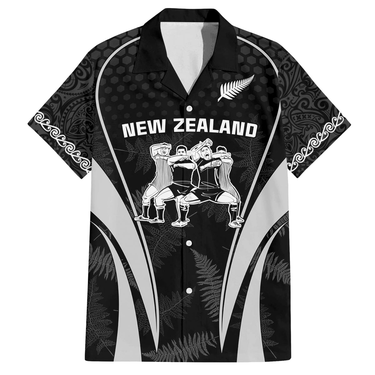 New Zealand Aotearoa Rugby Family Matching Off Shoulder Maxi Dress and Hawaiian Shirt Haka Dance Mixed Silver Fern Sporty Style LT9 Dad's Shirt - Short Sleeve Black - Polynesian Pride
