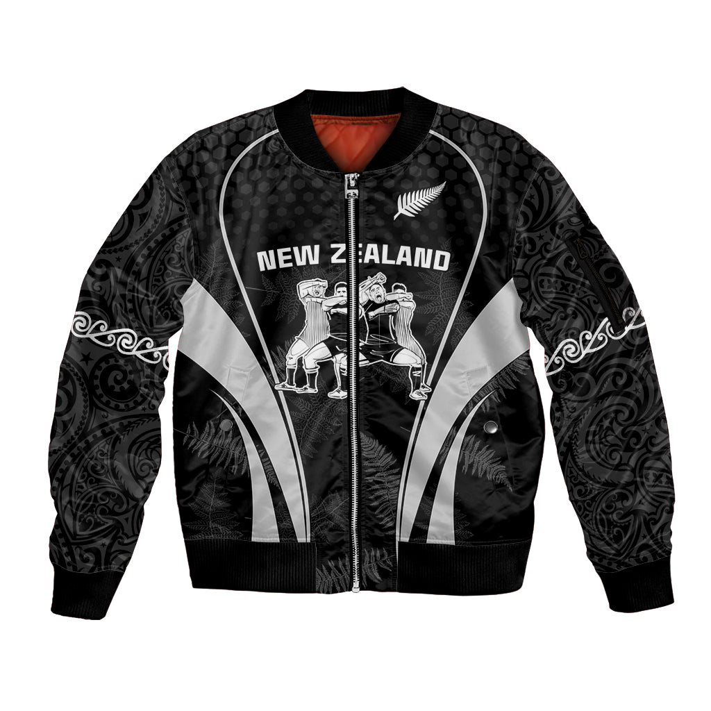 New Zealand Aotearoa Rugby Sleeve Zip Bomber Jacket Haka Dance Mixed Silver Fern Sporty Style LT9 Unisex Black - Polynesian Pride