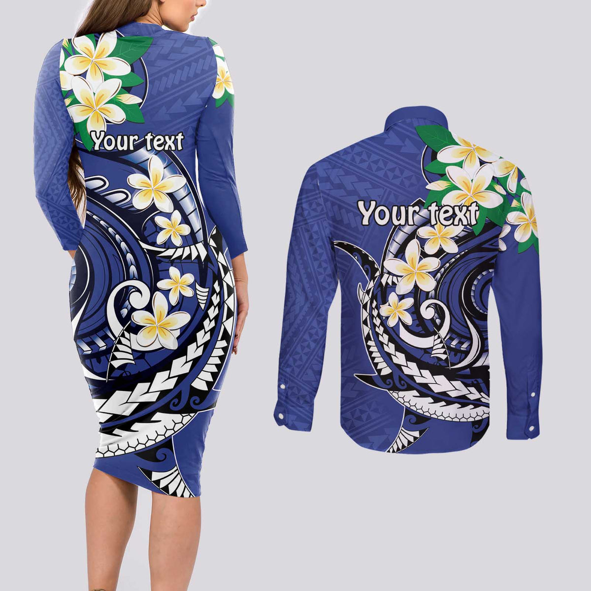 FSM Chuuk State Polynesian Shark Tattoo Personalised Couples Matching Long Sleeve Bodycon Dress and Long Sleeve Button Shirt LT9 - Polynesian Pride