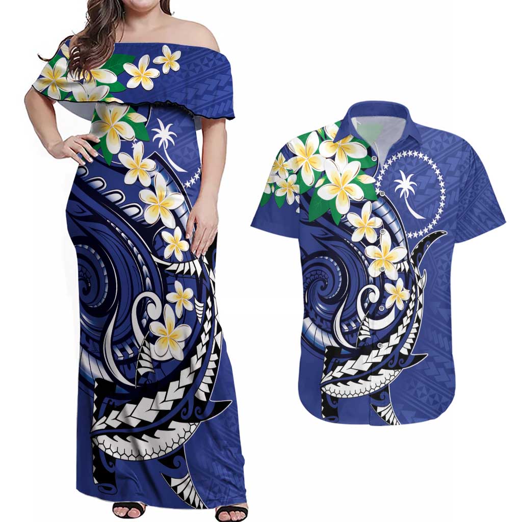 FSM Chuuk State Polynesian Shark Tattoo Personalised Couples Matching Off Shoulder Maxi Dress and Hawaiian Shirt LT9 Blue - Polynesian Pride