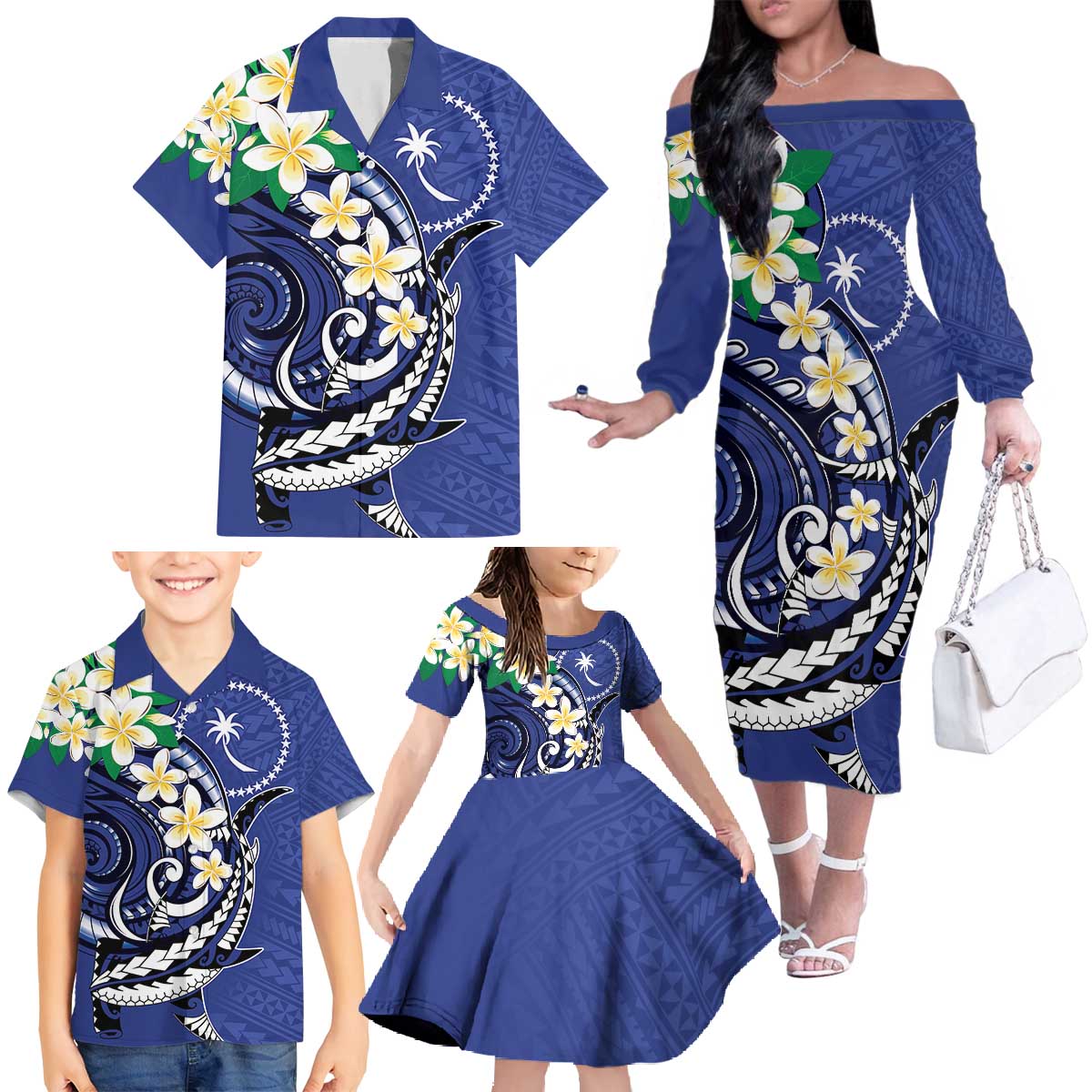 FSM Chuuk State Polynesian Shark Tattoo Personalised Family Matching Off The Shoulder Long Sleeve Dress and Hawaiian Shirt LT9 - Polynesian Pride