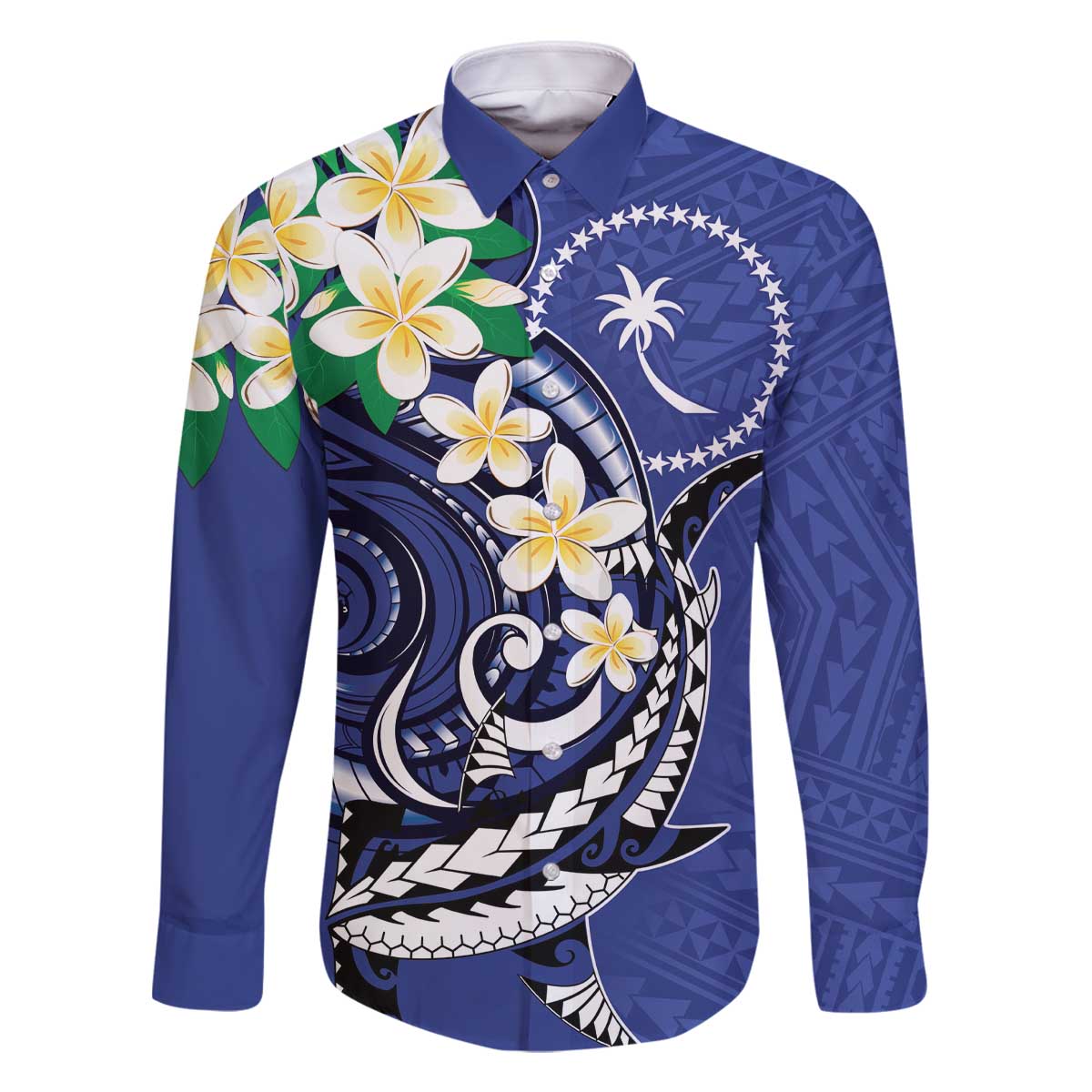 FSM Chuuk State Polynesian Shark Tattoo Personalised Family Matching Off The Shoulder Long Sleeve Dress and Hawaiian Shirt LT9 Dad's Shirt - Long Sleeve Blue - Polynesian Pride