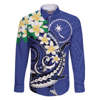 FSM Chuuk State Polynesian Shark Tattoo Personalised Family Matching Off The Shoulder Long Sleeve Dress and Hawaiian Shirt LT9 Dad's Shirt - Long Sleeve Blue - Polynesian Pride