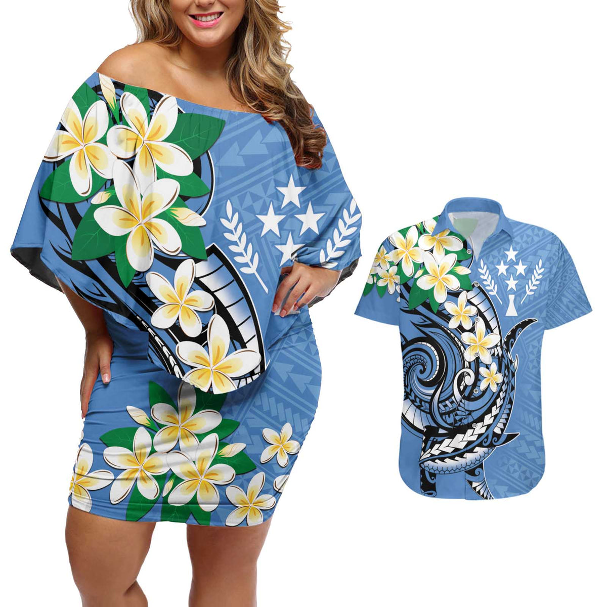 FSM Kosrae Polynesian Shark Tattoo Personalised Couples Matching Off Shoulder Short Dress and Hawaiian Shirt LT9 Blue - Polynesian Pride