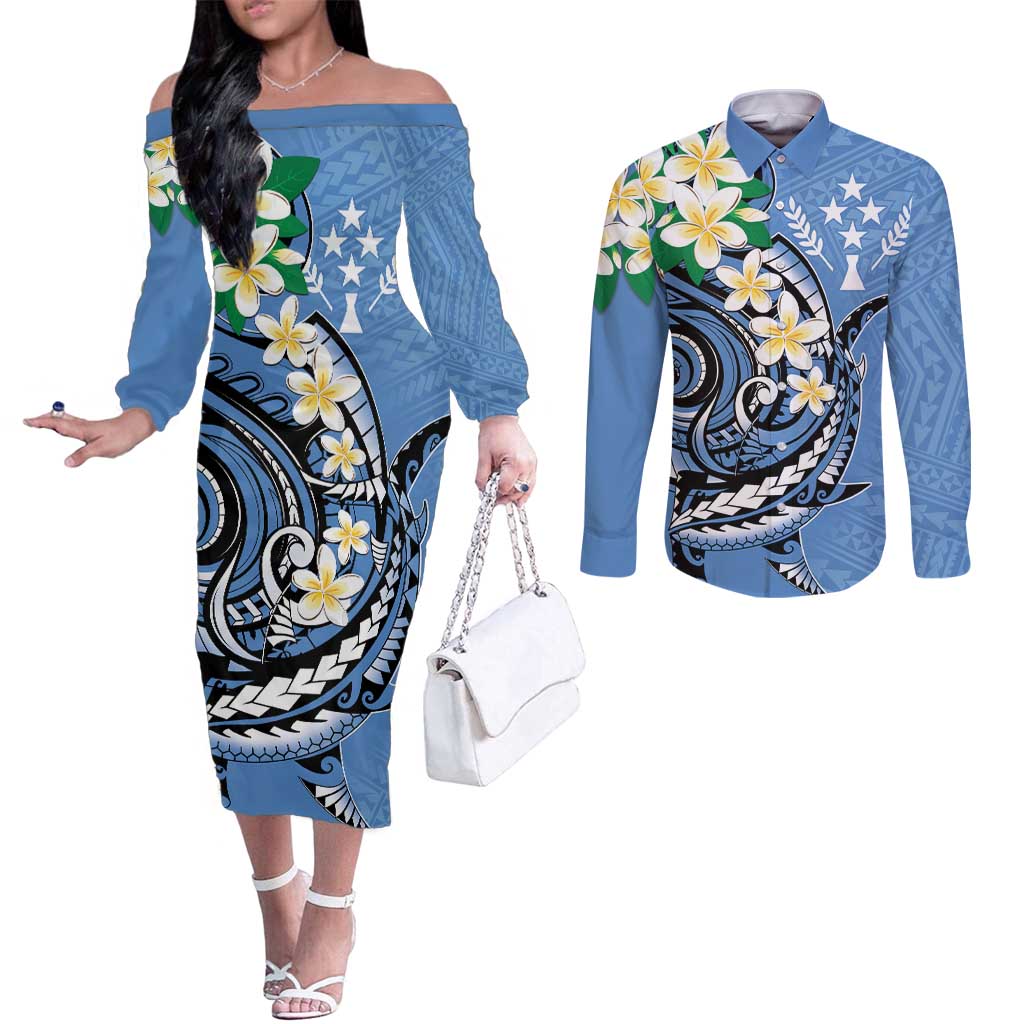 FSM Kosrae Polynesian Shark Tattoo Personalised Couples Matching Off The Shoulder Long Sleeve Dress and Long Sleeve Button Shirt LT9 Blue - Polynesian Pride