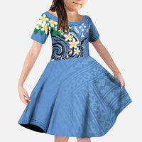 FSM Kosrae Polynesian Shark Tattoo Personalised Family Matching Long Sleeve Bodycon Dress and Hawaiian Shirt LT9 Daughter's Dress Blue - Polynesian Pride