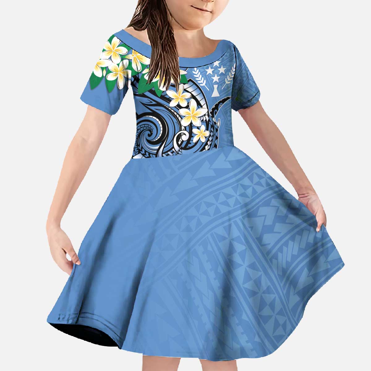 FSM Kosrae Polynesian Shark Tattoo Personalised Family Matching Off The Shoulder Long Sleeve Dress and Hawaiian Shirt LT9 Daughter's Dress Blue - Polynesian Pride