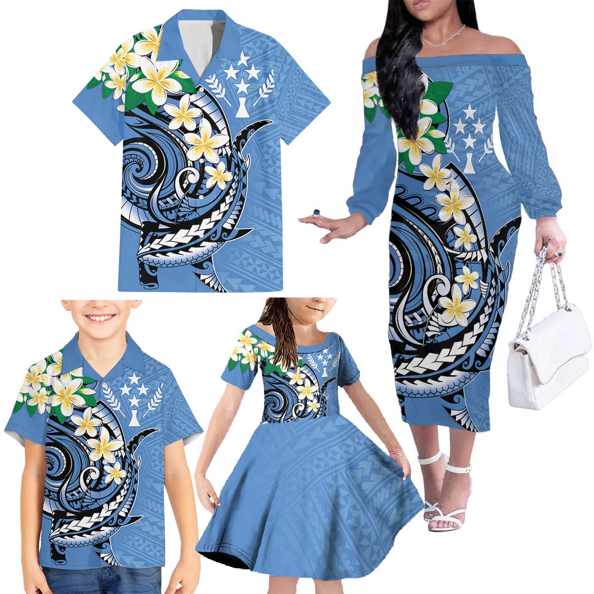 FSM Kosrae Polynesian Shark Tattoo Personalised Family Matching Off The Shoulder Long Sleeve Dress and Hawaiian Shirt LT9 - Polynesian Pride