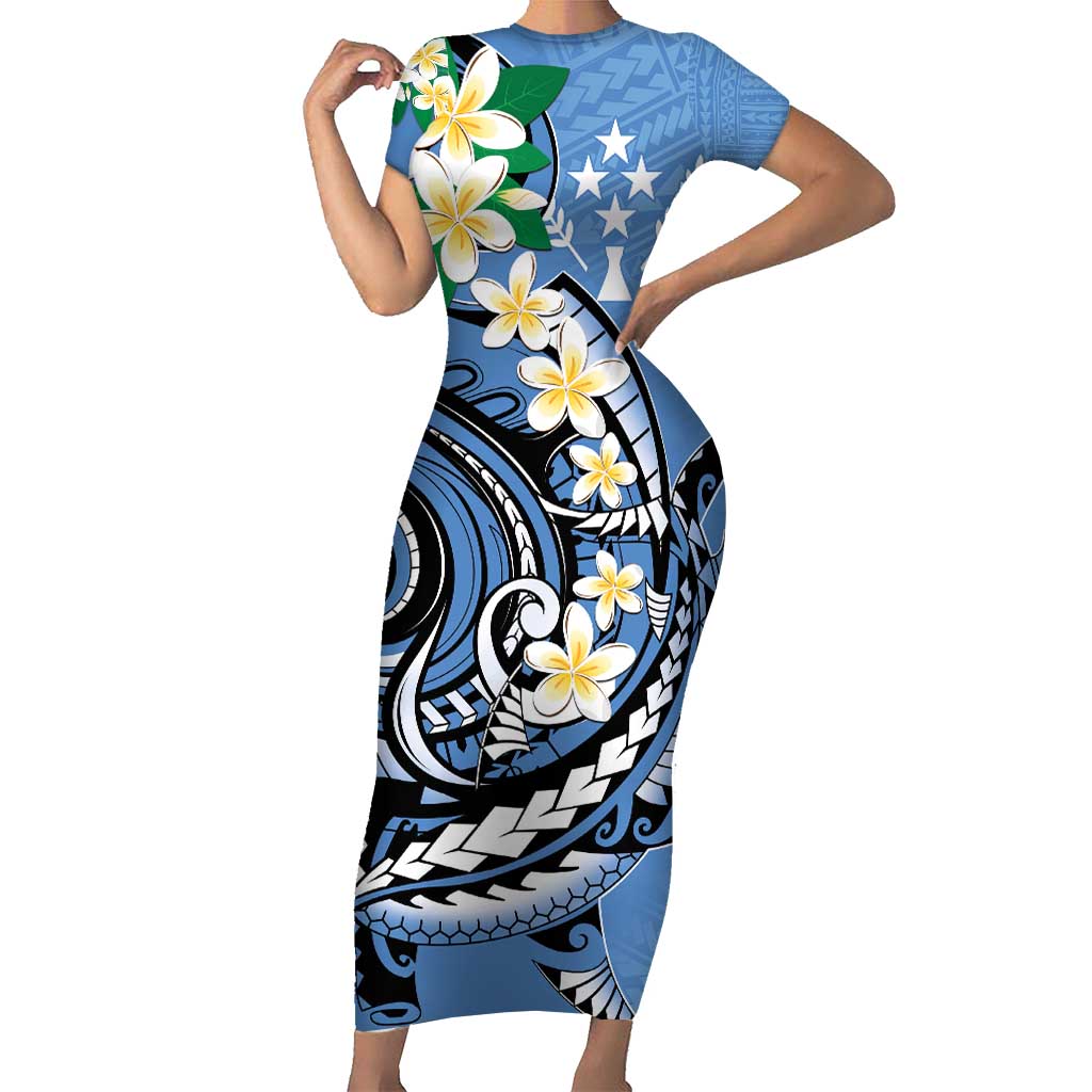 FSM Kosrae Polynesian Shark Tattoo Personalised Family Matching Short Sleeve Bodycon Dress and Hawaiian Shirt LT9 Mom's Dress Blue - Polynesian Pride