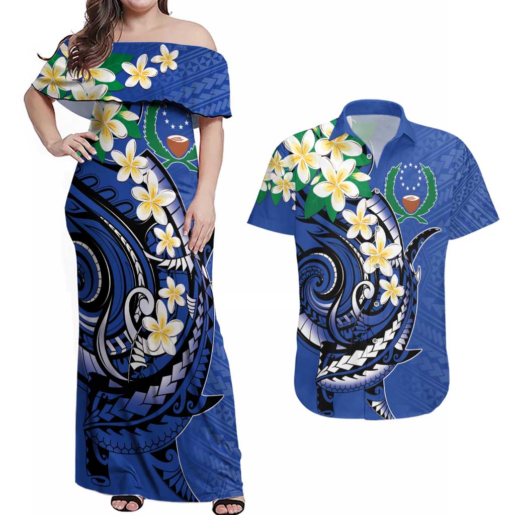 FSM Pohnpei Polynesian Shark Tattoo Personalised Couples Matching Off Shoulder Maxi Dress and Hawaiian Shirt LT9 Blue - Polynesian Pride