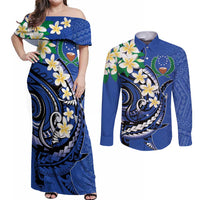 FSM Pohnpei Polynesian Shark Tattoo Personalised Couples Matching Off Shoulder Maxi Dress and Long Sleeve Button Shirt LT9 Blue - Polynesian Pride