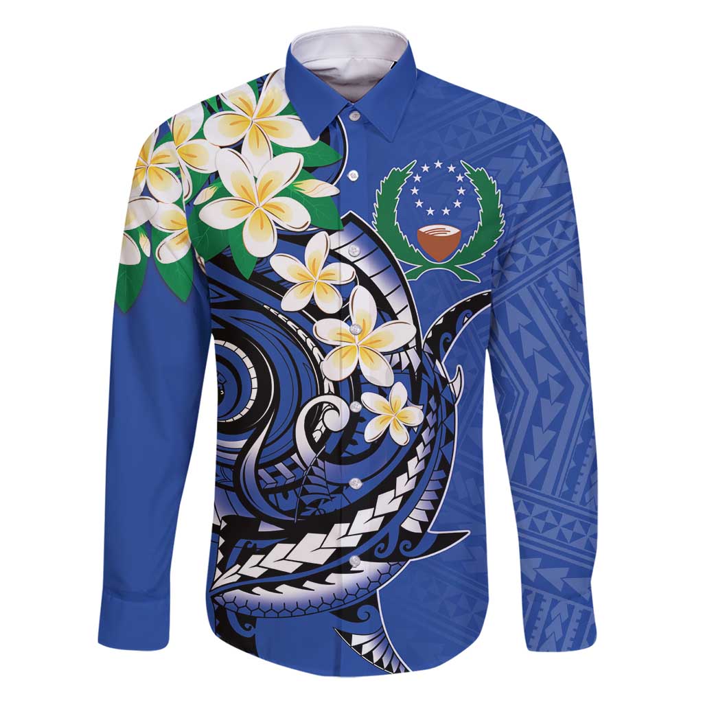 FSM Pohnpei Polynesian Shark Tattoo Personalised Family Matching Long Sleeve Bodycon Dress and Hawaiian Shirt LT9 Dad's Shirt - Long Sleeve Blue - Polynesian Pride