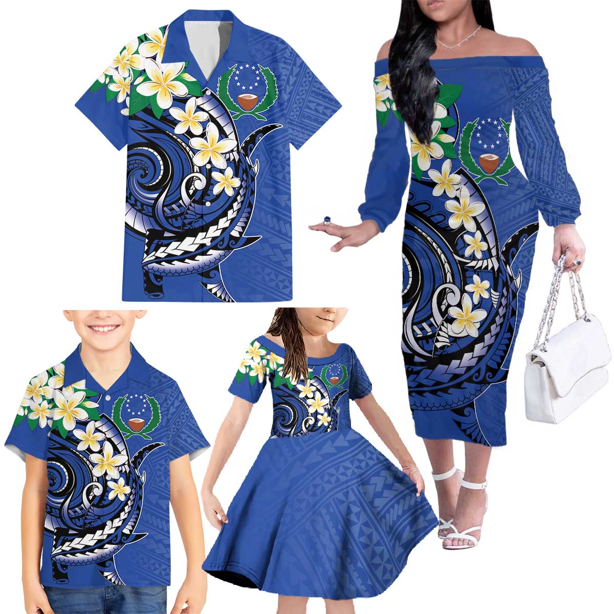 FSM Pohnpei Polynesian Shark Tattoo Personalised Family Matching Off The Shoulder Long Sleeve Dress and Hawaiian Shirt LT9 - Polynesian Pride