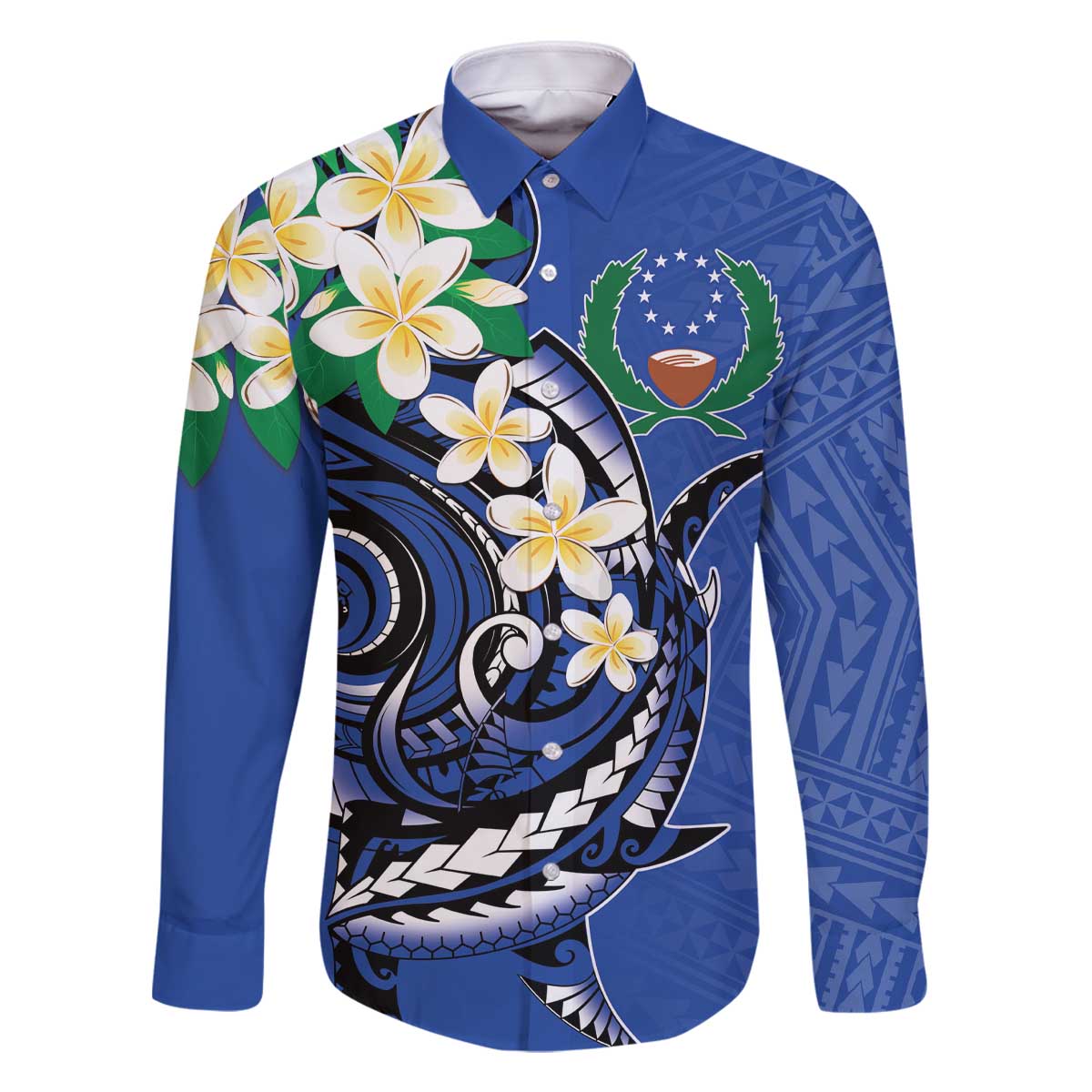 FSM Pohnpei Polynesian Shark Tattoo Personalised Family Matching Off The Shoulder Long Sleeve Dress and Hawaiian Shirt LT9 Dad's Shirt - Long Sleeve Blue - Polynesian Pride