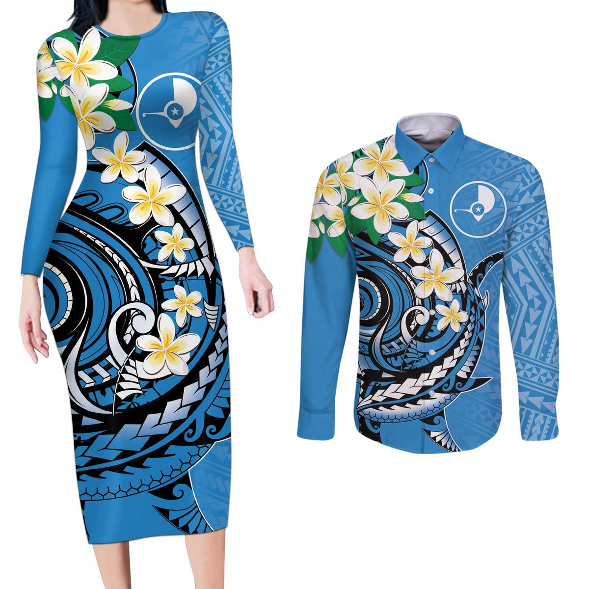 FSM Yap State Polynesian Shark Tattoo Personalised Couples Matching Long Sleeve Bodycon Dress and Long Sleeve Button Shirt LT9 Blue - Polynesian Pride