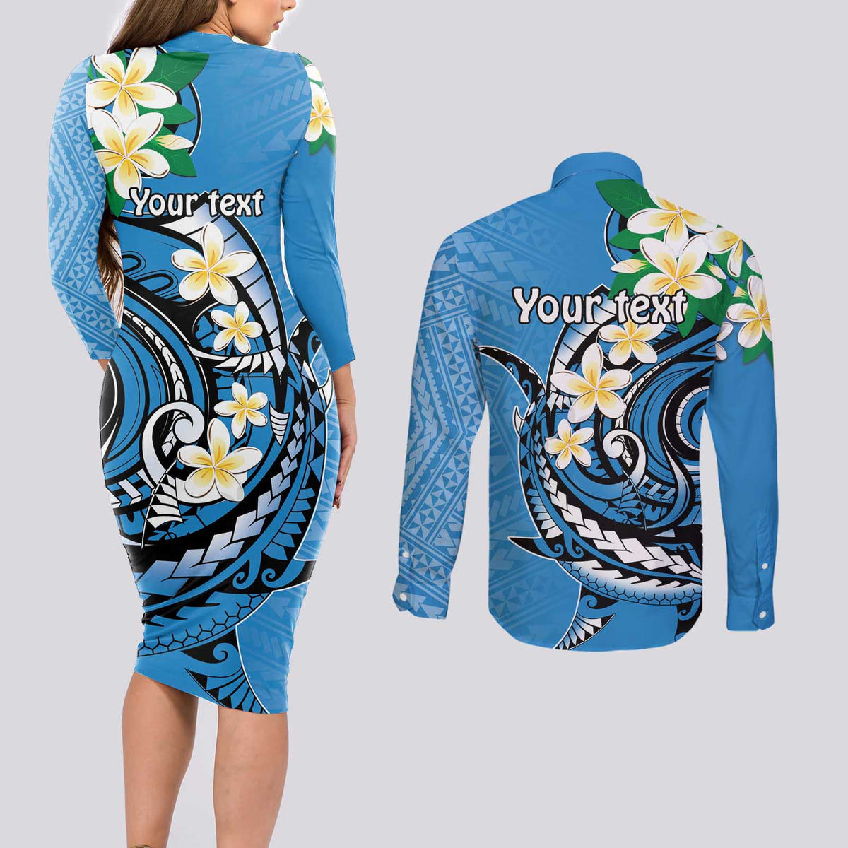 FSM Yap State Polynesian Shark Tattoo Personalised Couples Matching Long Sleeve Bodycon Dress and Long Sleeve Button Shirt LT9 - Polynesian Pride
