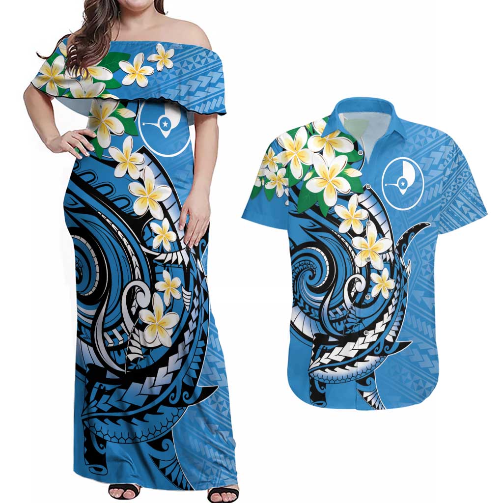 FSM Yap State Polynesian Shark Tattoo Personalised Couples Matching Off Shoulder Maxi Dress and Hawaiian Shirt LT9 Blue - Polynesian Pride