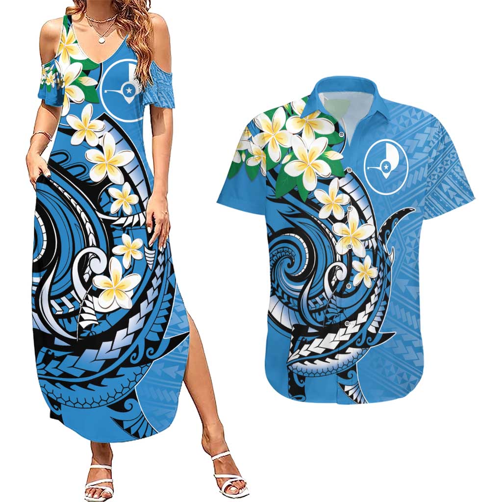 FSM Yap State Polynesian Shark Tattoo Personalised Couples Matching Summer Maxi Dress and Hawaiian Shirt LT9 Blue - Polynesian Pride