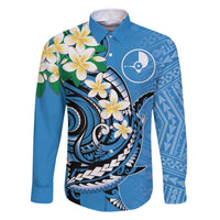 FSM Yap State Polynesian Shark Tattoo Personalised Family Matching Off The Shoulder Long Sleeve Dress and Hawaiian Shirt LT9 Dad's Shirt - Long Sleeve Blue - Polynesian Pride