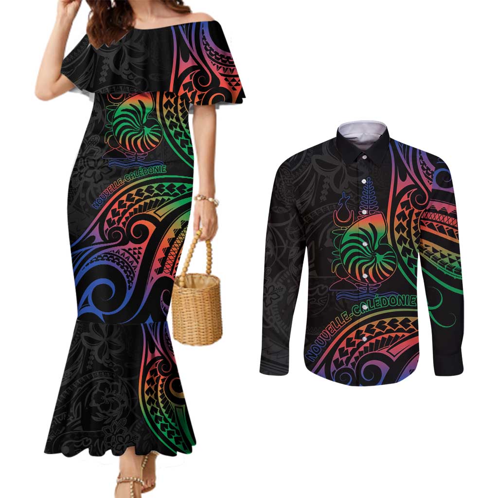 New Caledonia Polynesian Tatoo Personalised Couples Matching Mermaid Dress and Long Sleeve Button Shirt LT9 Black - Polynesian Pride