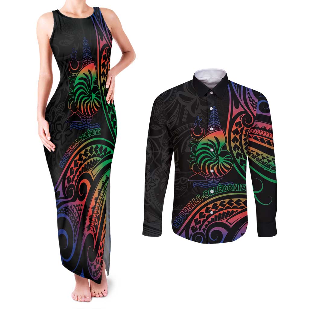 New Caledonia Polynesian Tatoo Personalised Couples Matching Tank Maxi Dress and Long Sleeve Button Shirt LT9 Black - Polynesian Pride