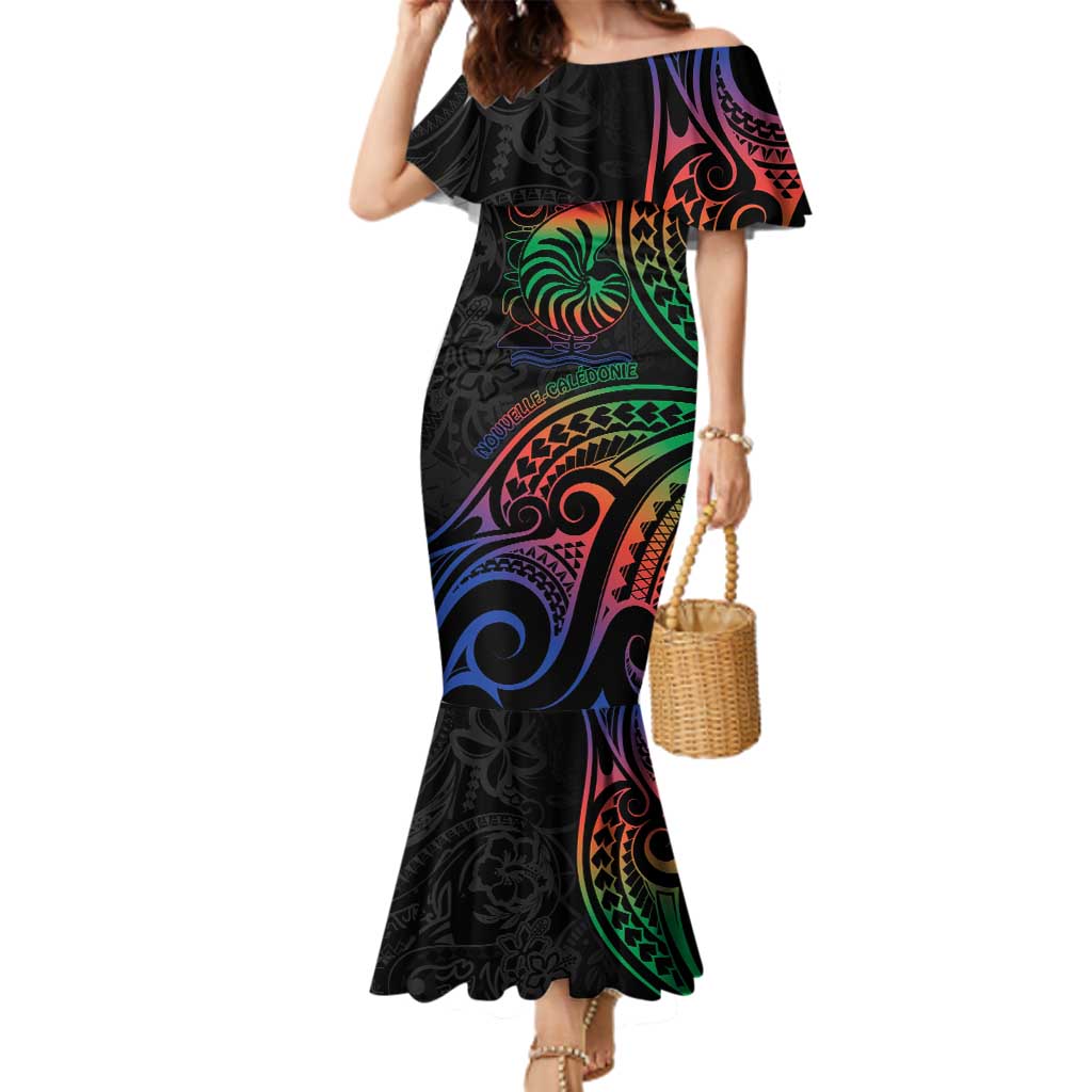 New Caledonia Polynesian Tatoo Personalised Family Matching Mermaid Dress and Hawaiian Shirt LT9 Mom's Dress Black - Polynesian Pride