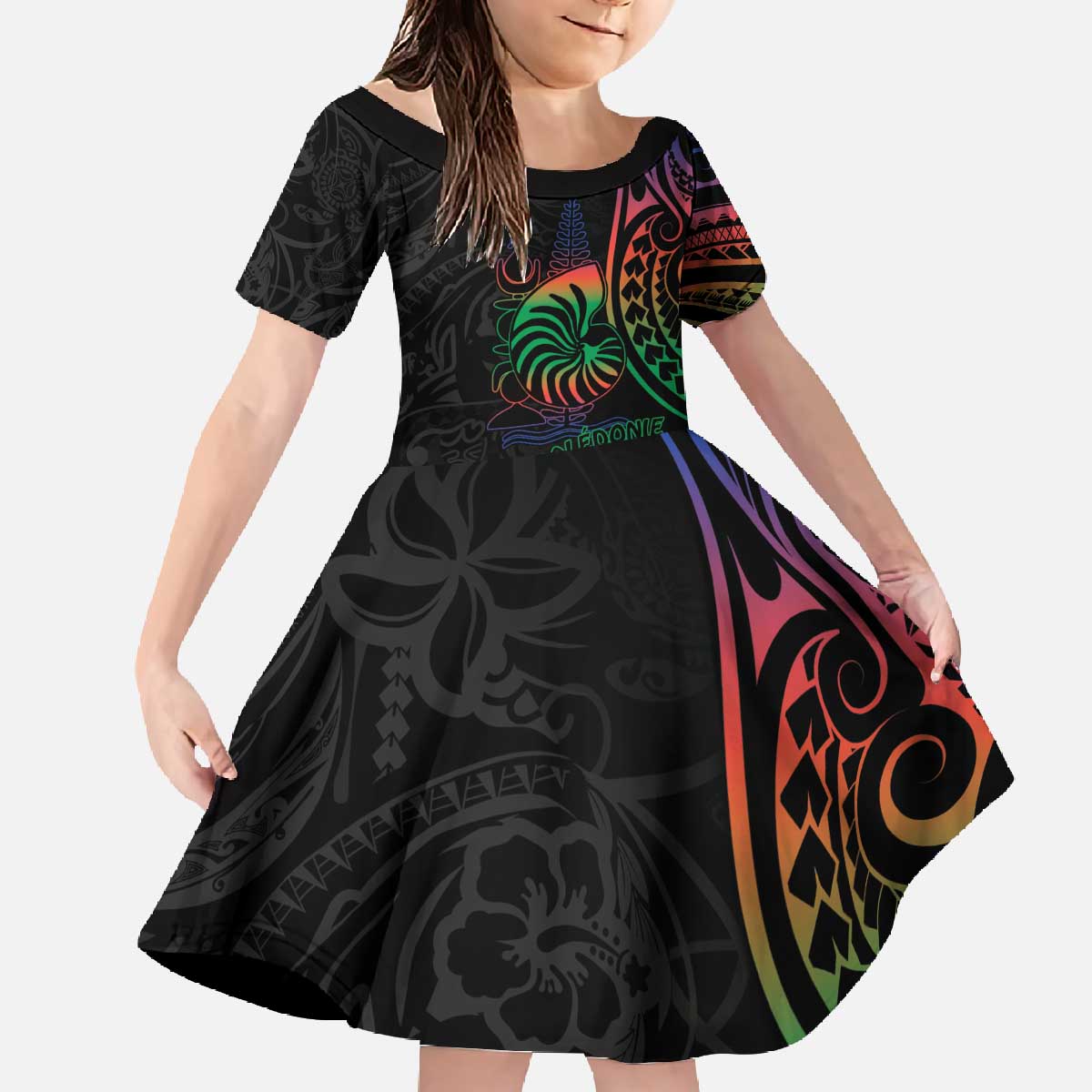 New Caledonia Polynesian Tatoo Personalised Family Matching Off The Shoulder Long Sleeve Dress and Hawaiian Shirt LT9 Daughter's Dress Black - Polynesian Pride