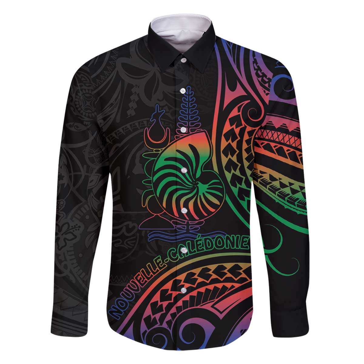 New Caledonia Polynesian Tatoo Personalised Family Matching Off The Shoulder Long Sleeve Dress and Hawaiian Shirt LT9 Dad's Shirt - Long Sleeve Black - Polynesian Pride